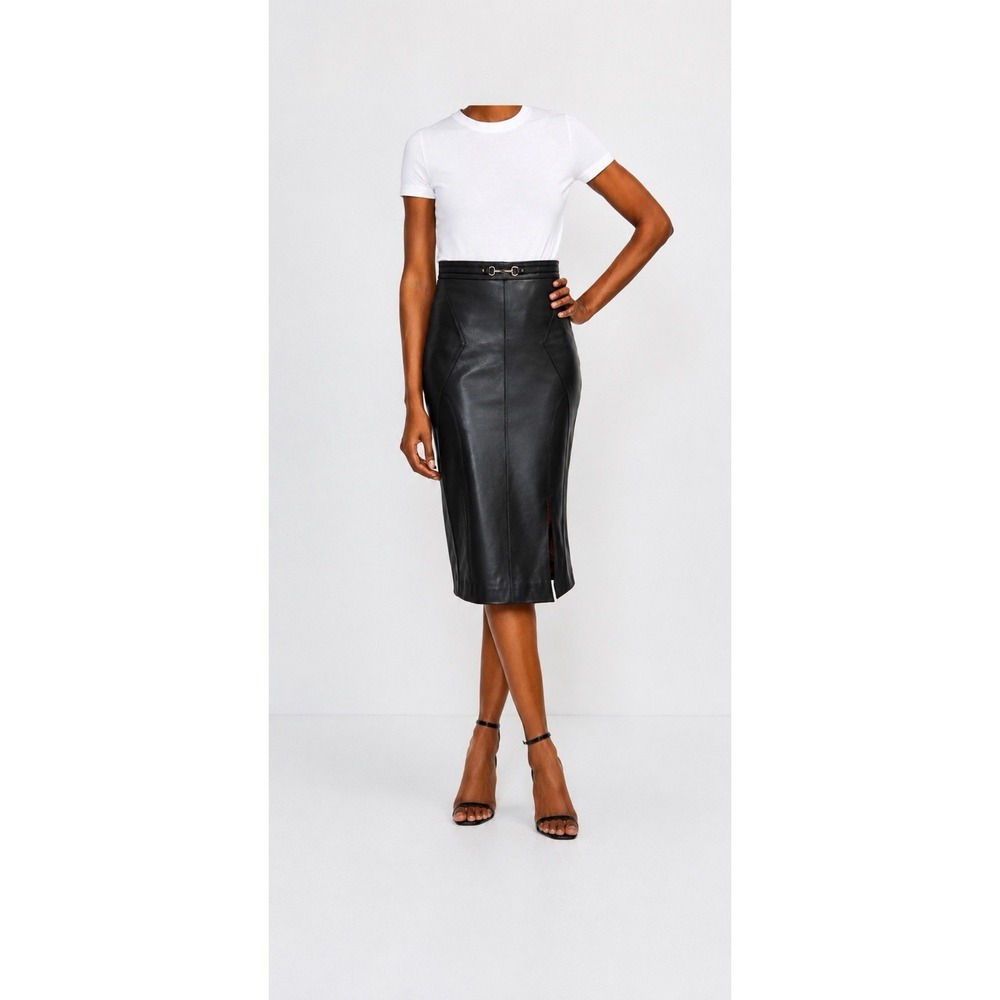 Karen Millen Black soft lambskin Leather horse bit detail Pencil Skirt.‎ Size 10